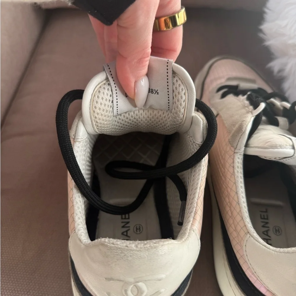CHANEL CC Suede & Calfskin Sneakers,Size 38.5 (Fits US 8.5/EU 39)Pink/Grey/White